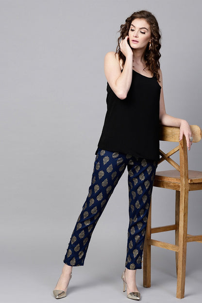 Women's Navy Foil Print Pencil Pants
