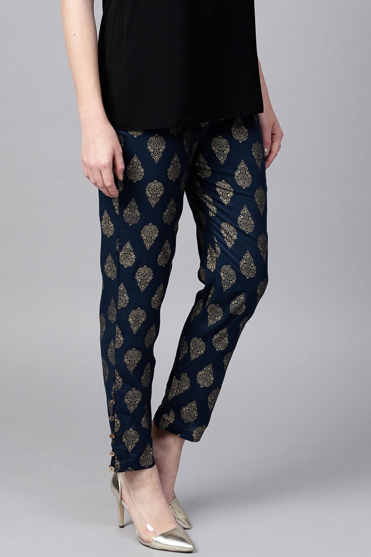 Women's Navy Foil Print Pencil Pants