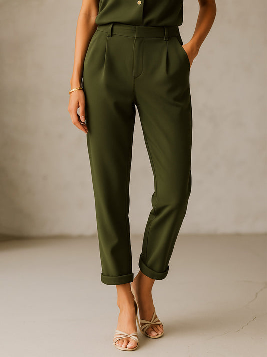 Women's Olive Cross Pocket Bottom Fold Straight Pants