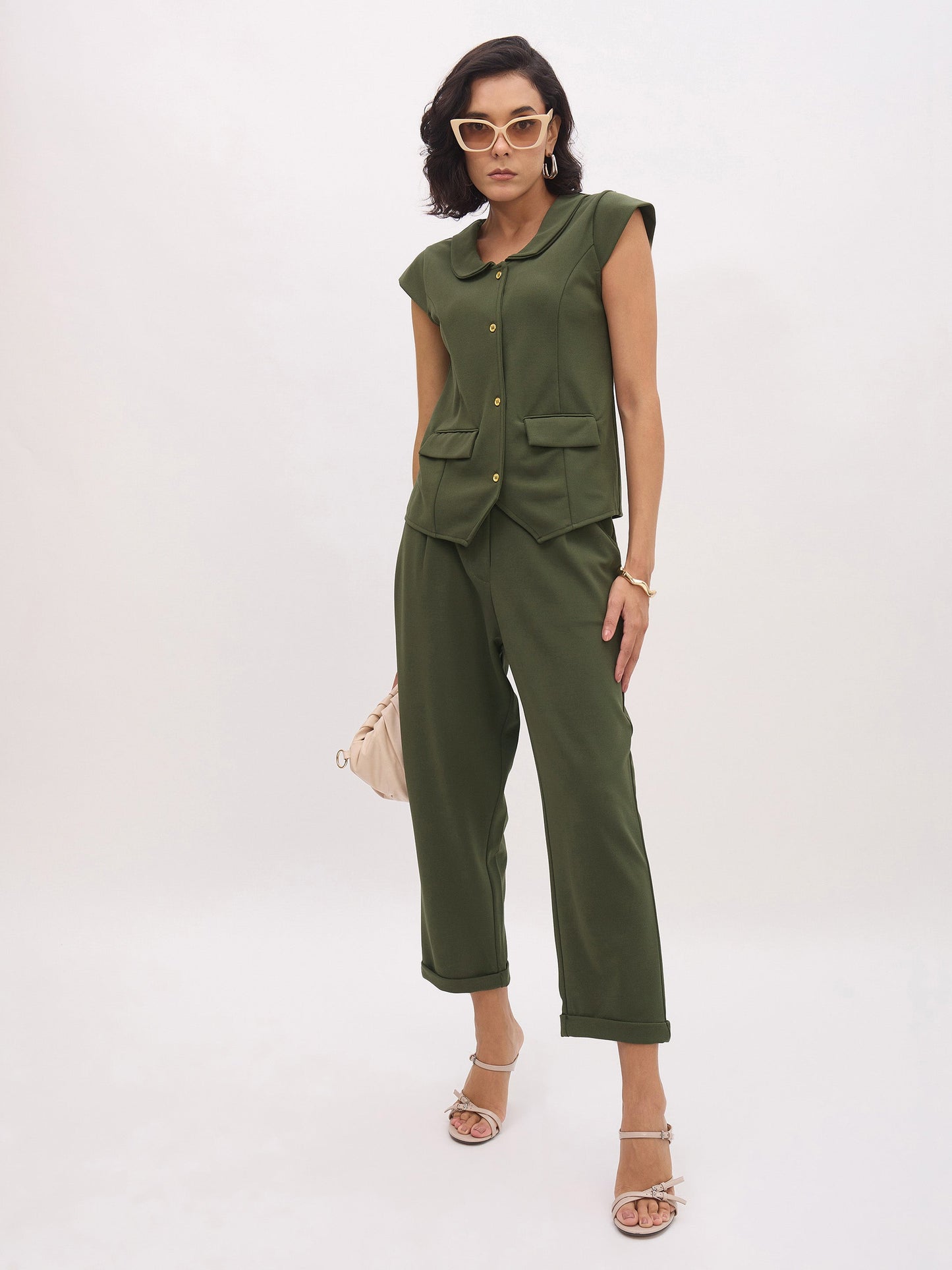 Women's Olive Cross Pocket Bottom Fold Straight Pants