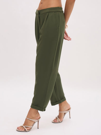 Women's Olive Cross Pocket Bottom Fold Straight Pants
