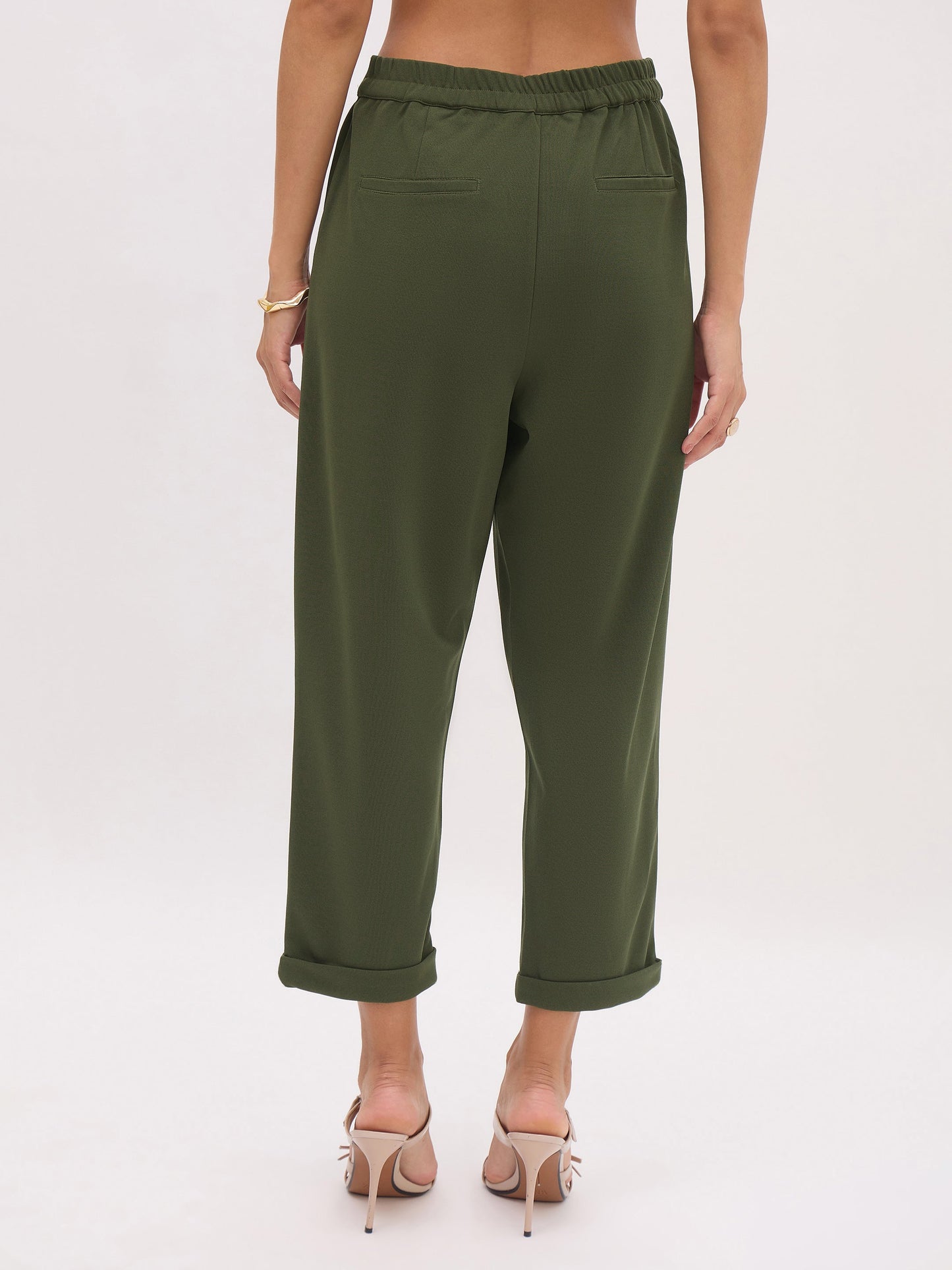 Women's Olive Cross Pocket Bottom Fold Straight Pants