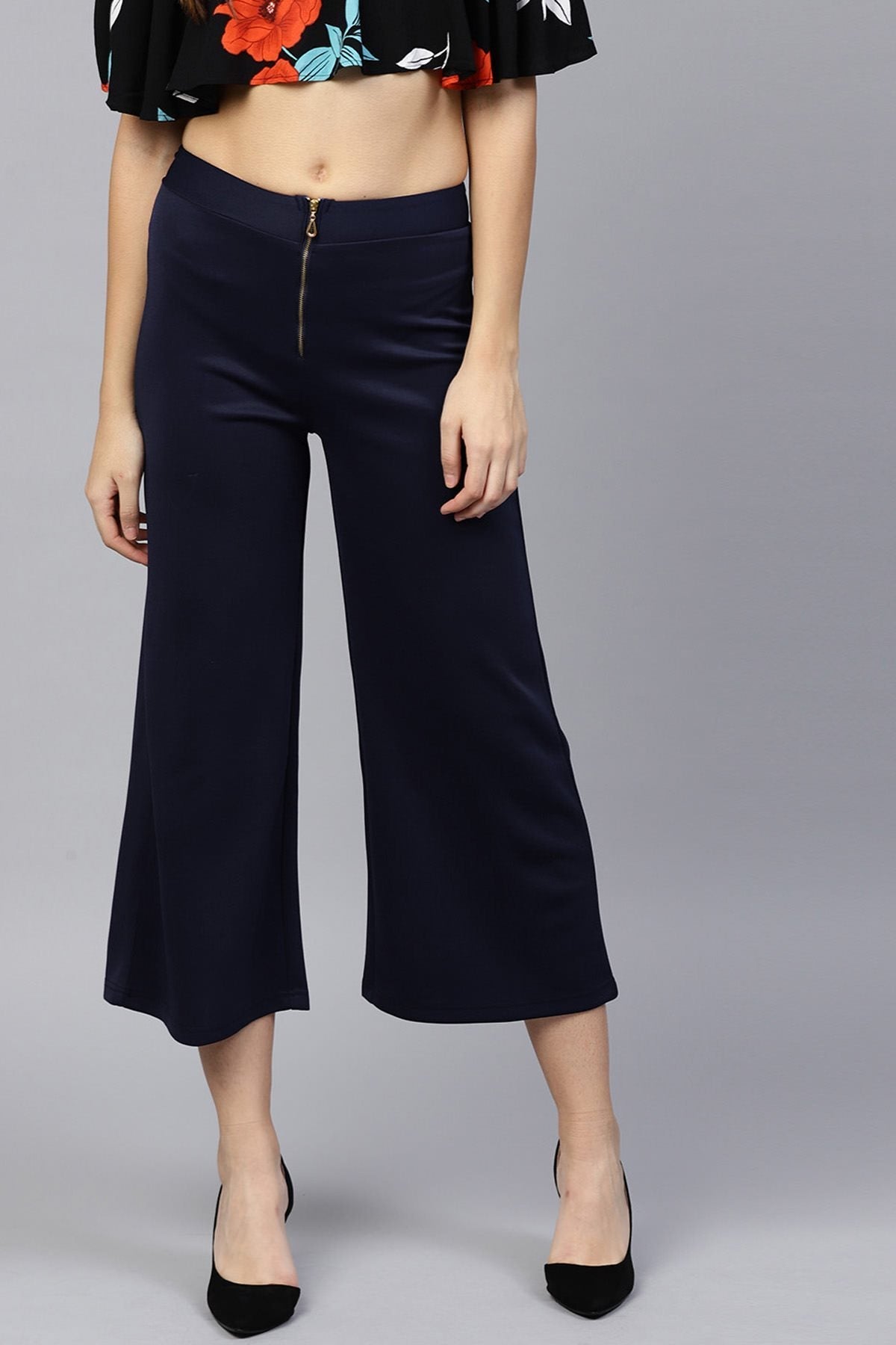 Women's Navy Scuba Front Zipper Pants