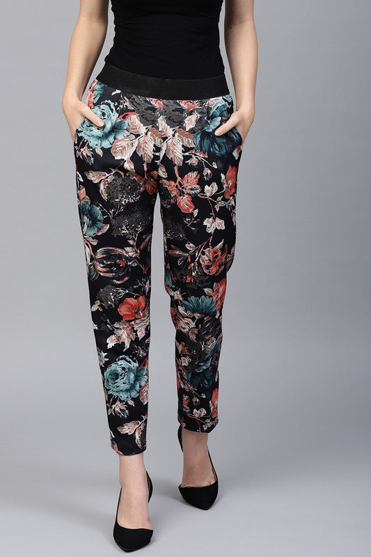 Women's Black Floral Scuba Tailored Pants