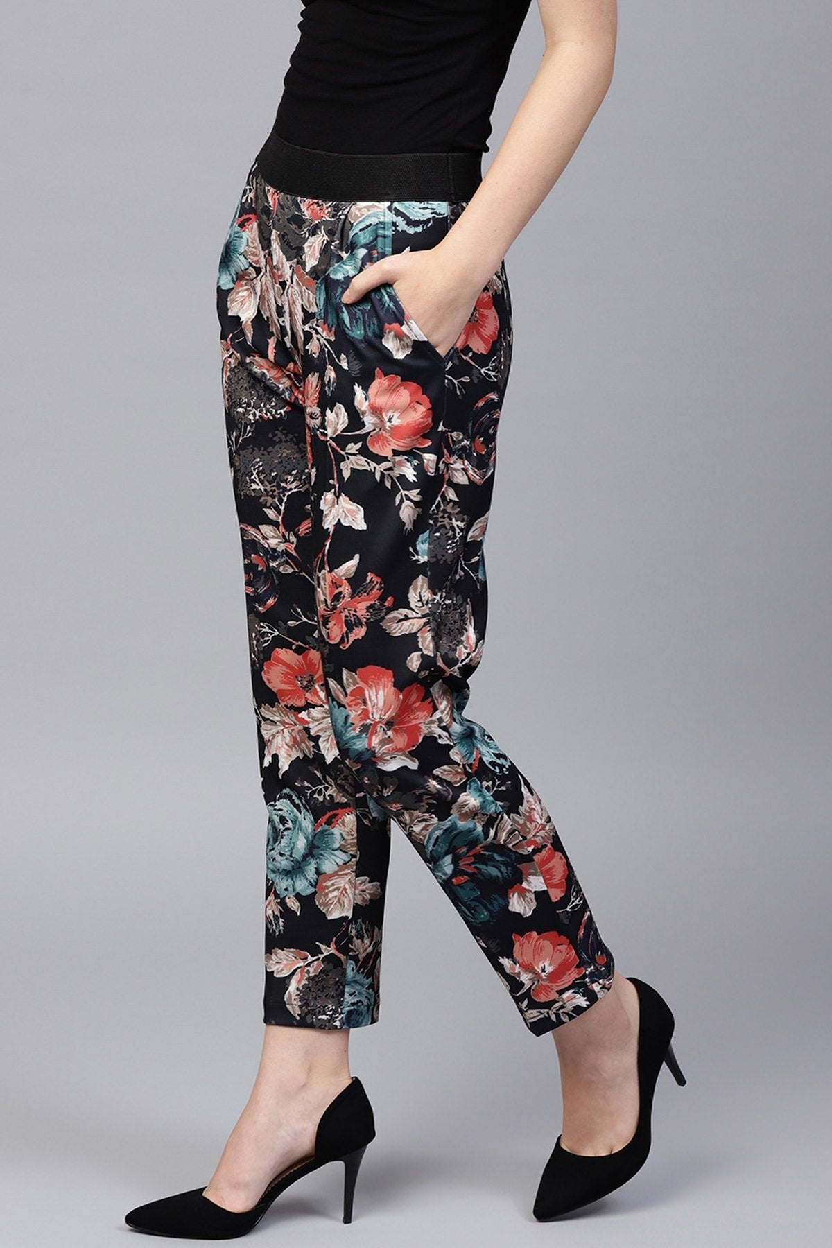 Women's Black Floral Scuba Tailored Pants