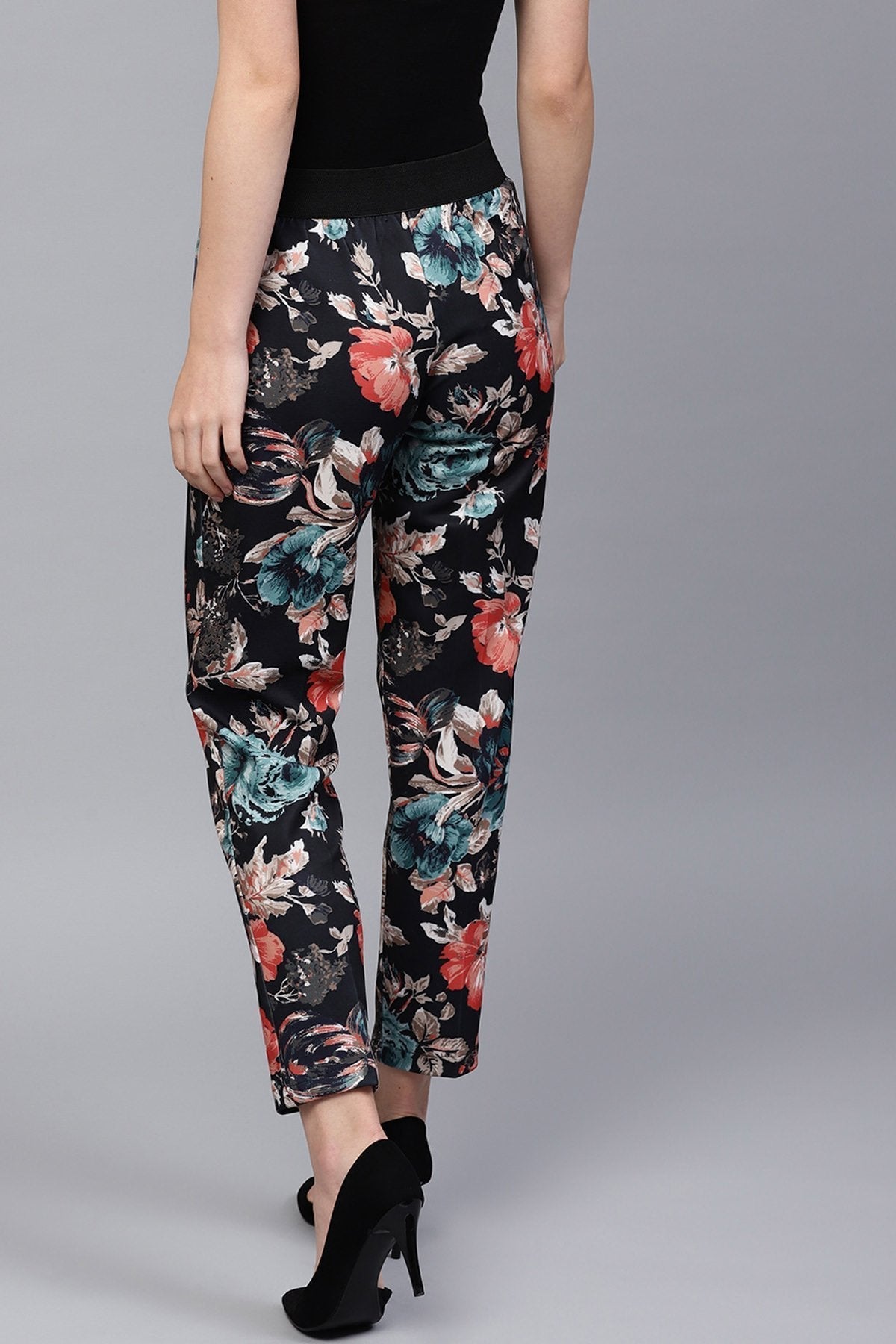 Women's Black Floral Scuba Tailored Pants