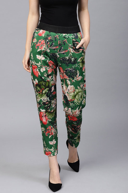Women's Green Floral Scuba Tailored Pants