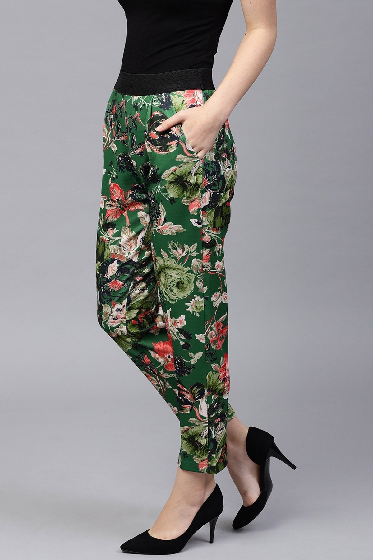 Women's Green Floral Scuba Tailored Pants