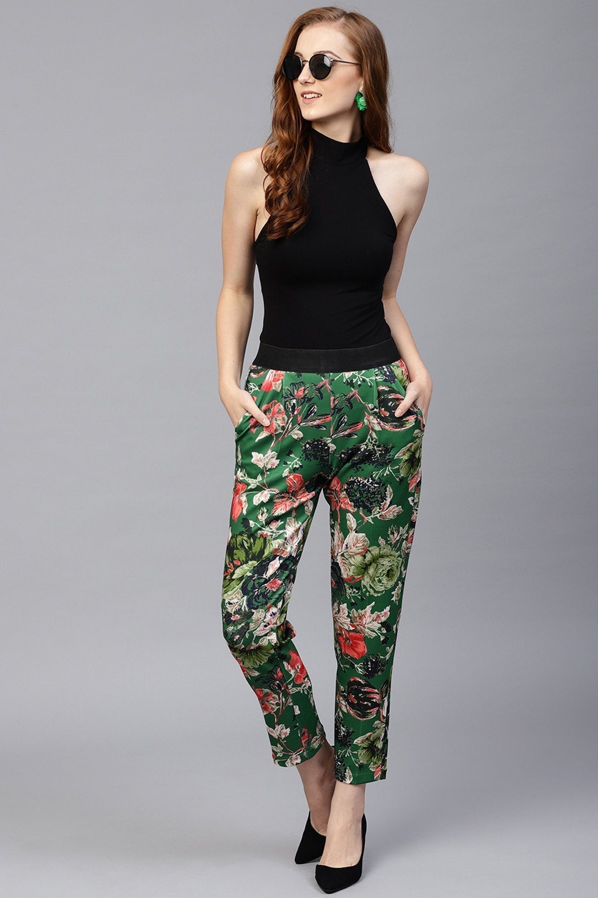 Women's Green Floral Scuba Tailored Pants