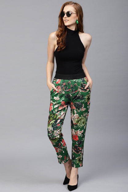 Women's Green Floral Scuba Tailored Pants