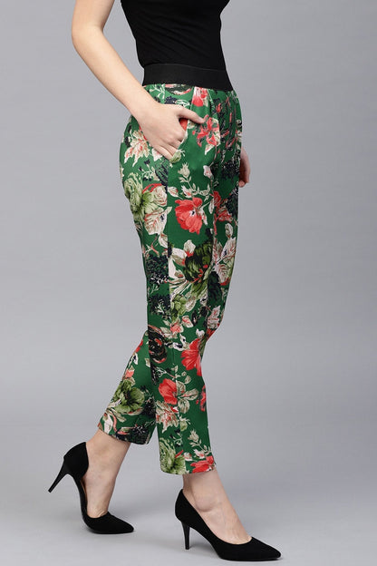 Women's Green Floral Scuba Tailored Pants