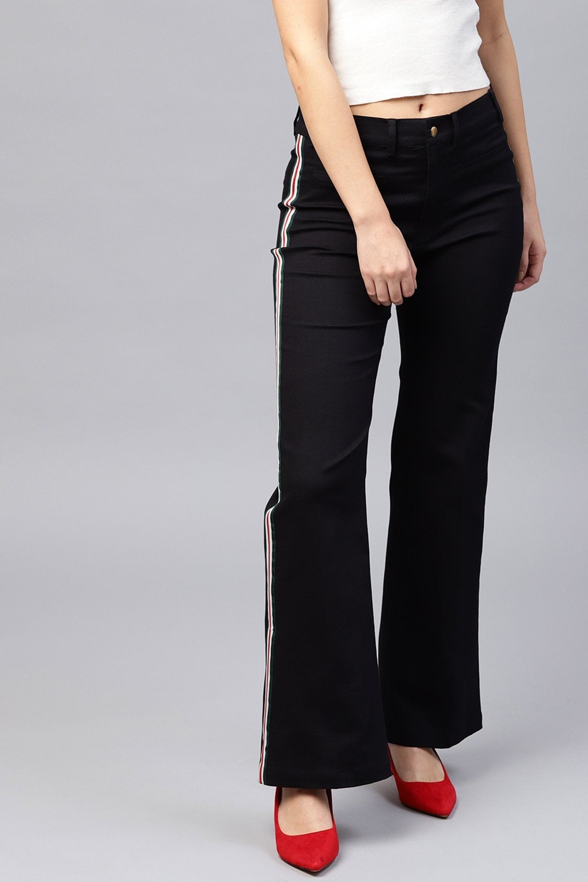 Women's Black Side Tape Bell Bottom Pants