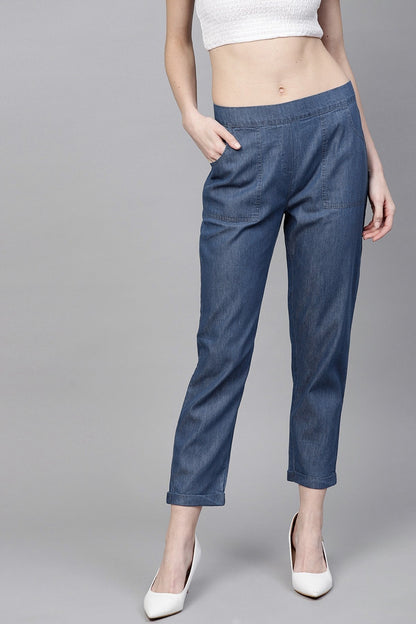 Women's Blue Denim Tapered Roll-Up Pants