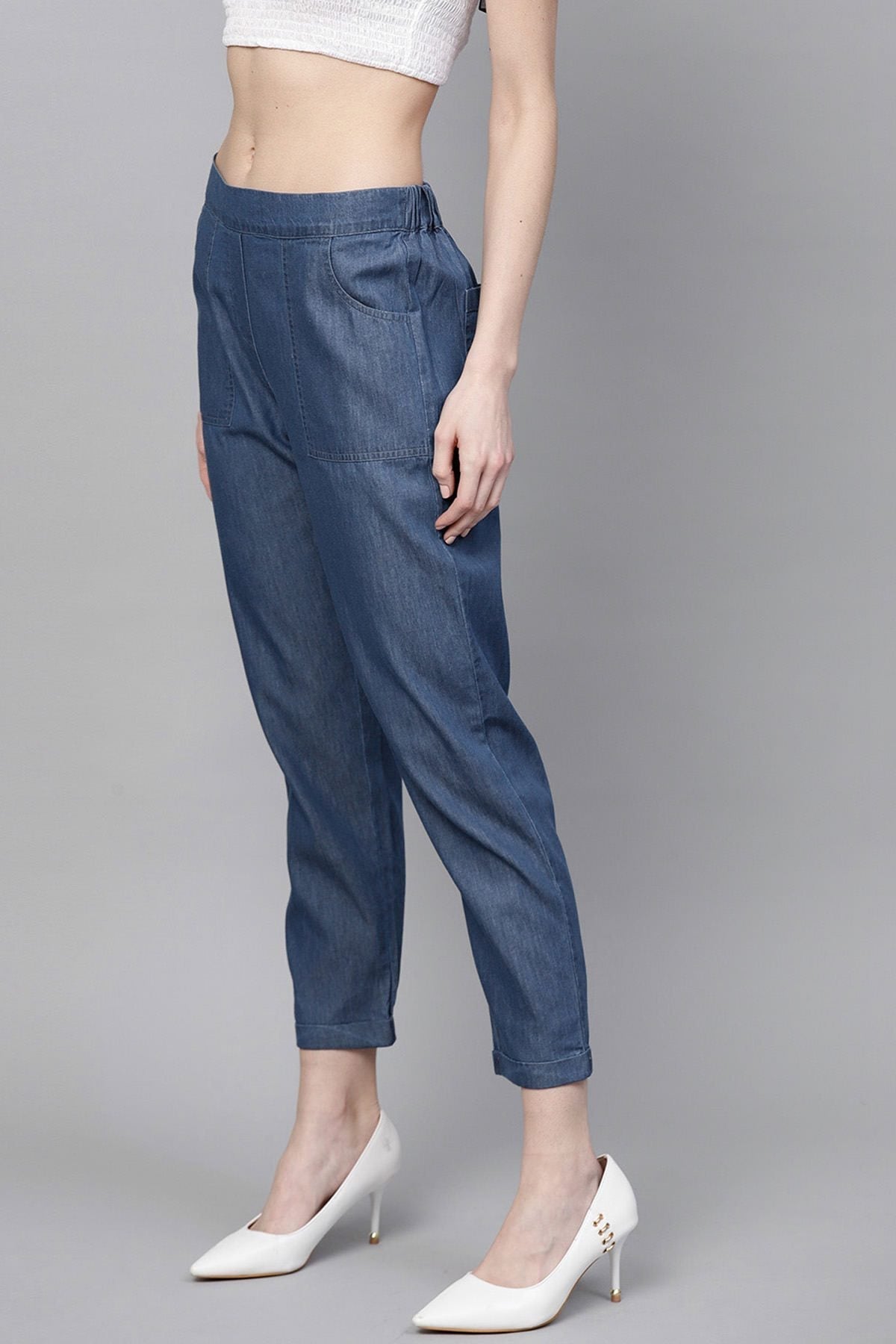 Women's Blue Denim Tapered Roll-Up Pants