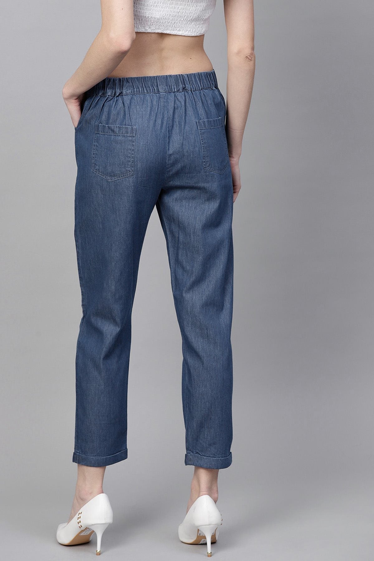 Women's Blue Denim Tapered Roll-Up Pants