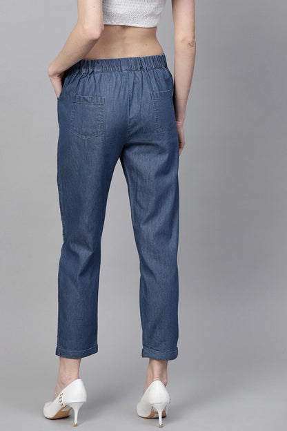 Women's Blue Denim Tapered Roll-Up Pants