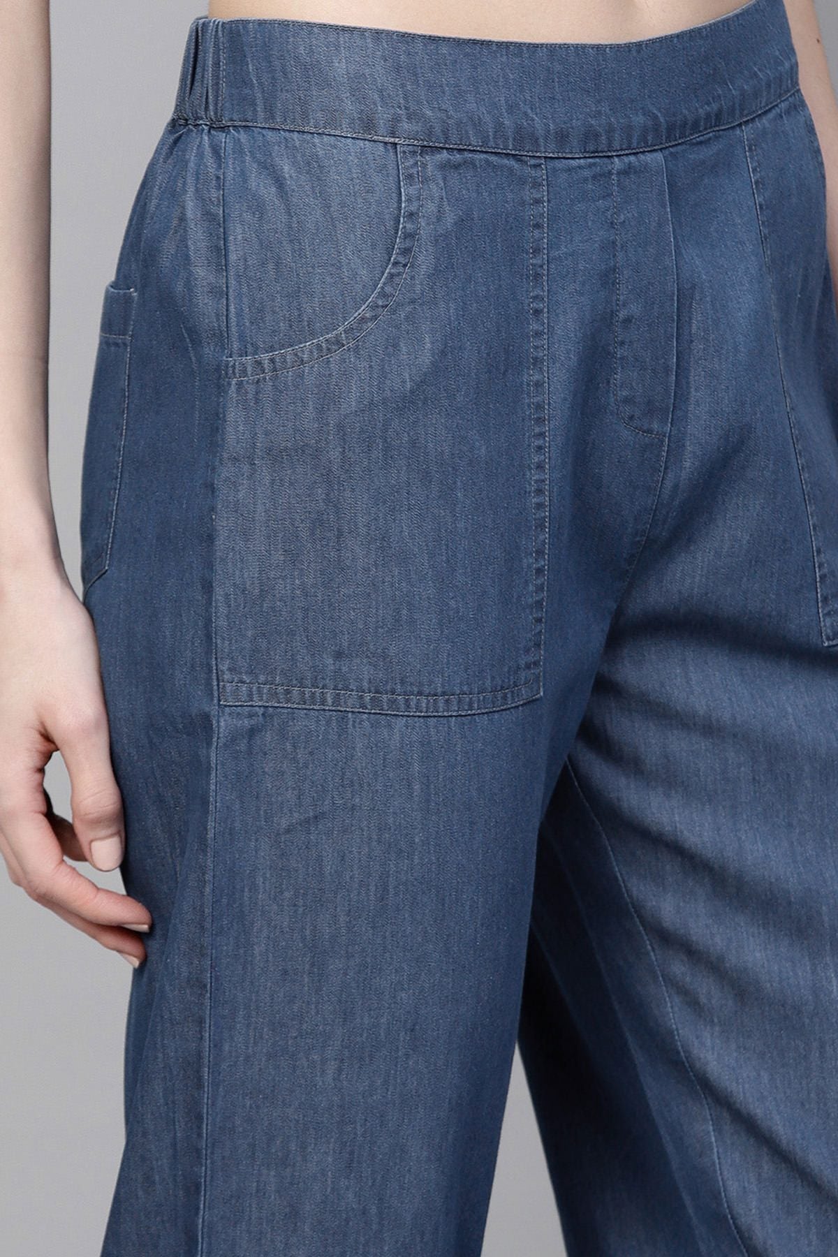 Women's Blue Denim Tapered Roll-Up Pants