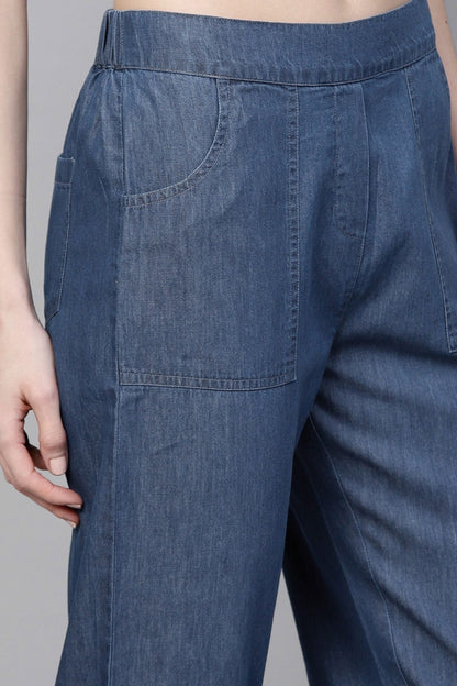 Women's Blue Denim Tapered Roll-Up Pants