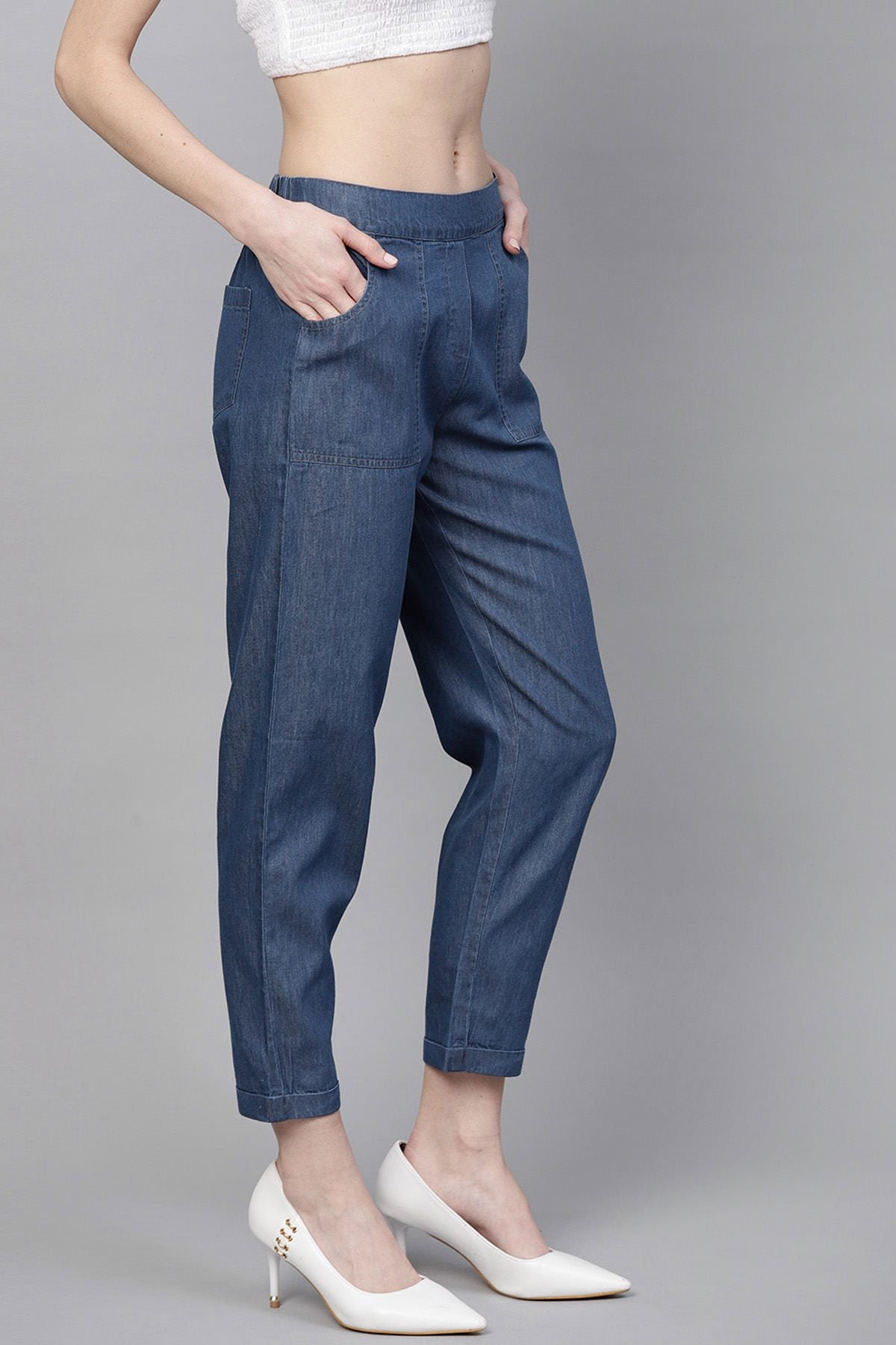 Women's Blue Denim Tapered Roll-Up Pants