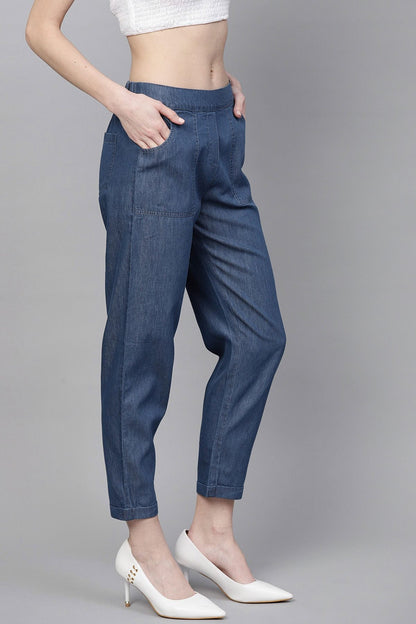 Women's Blue Denim Tapered Roll-Up Pants