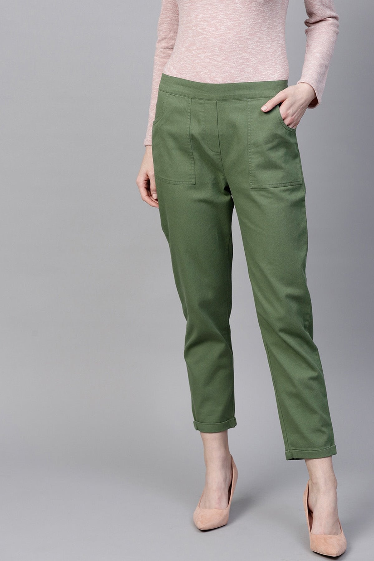 Women's Olive Denim Tapered Roll-Up Pants