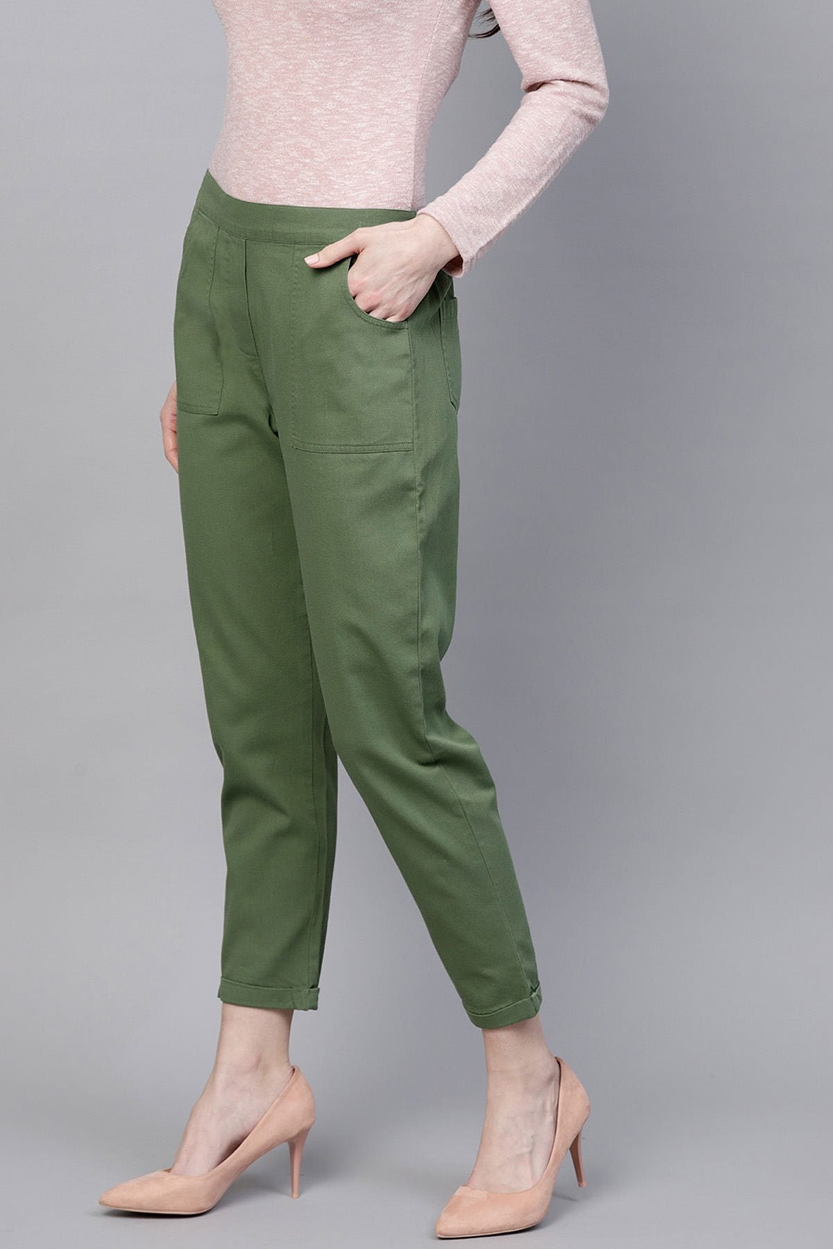 Women's Olive Denim Tapered Roll-Up Pants