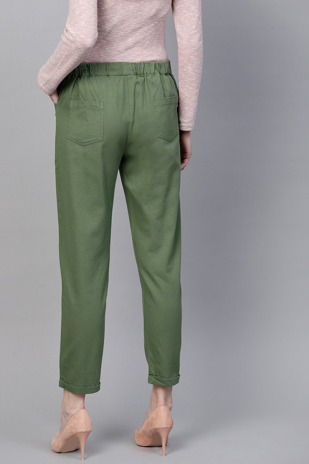 Women's Olive Denim Tapered Roll-Up Pants