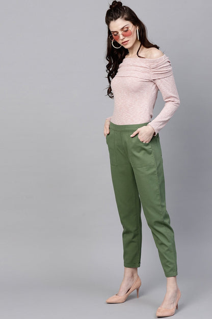 Women's Olive Denim Tapered Roll-Up Pants