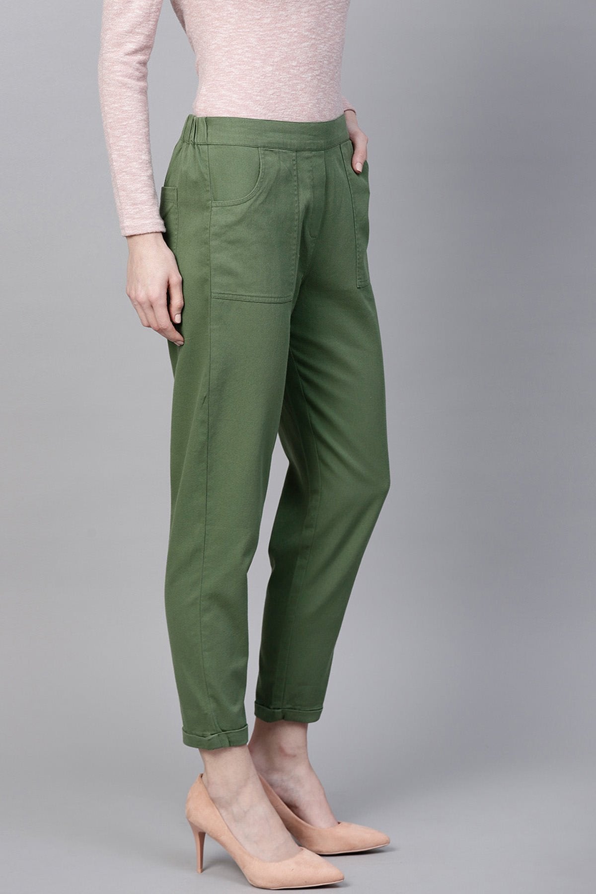 Women's Olive Denim Tapered Roll-Up Pants