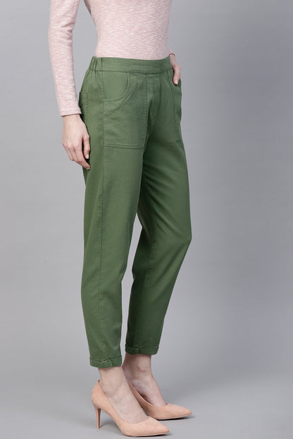 Women's Olive Denim Tapered Roll-Up Pants