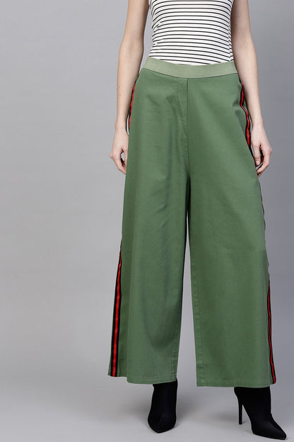 Women's Olive Denim Side Tape Pants