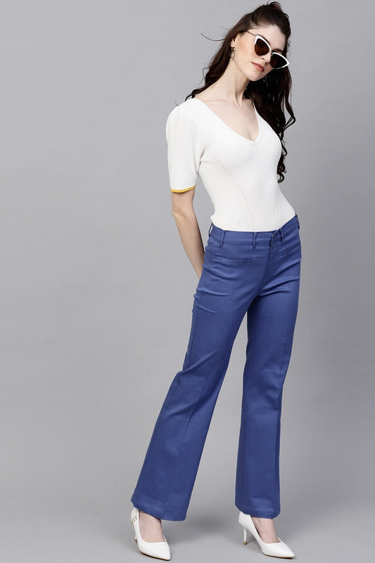 Women's Blue Cotton Twill Bell Bottom Pant