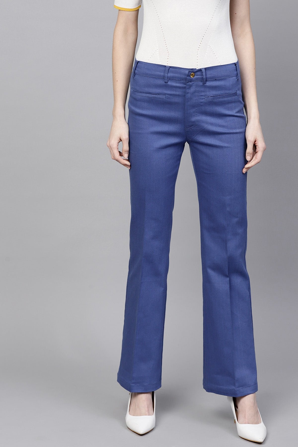 Women's Blue Cotton Twill Bell Bottom Pant