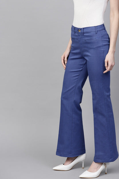Women's Blue Cotton Twill Bell Bottom Pant