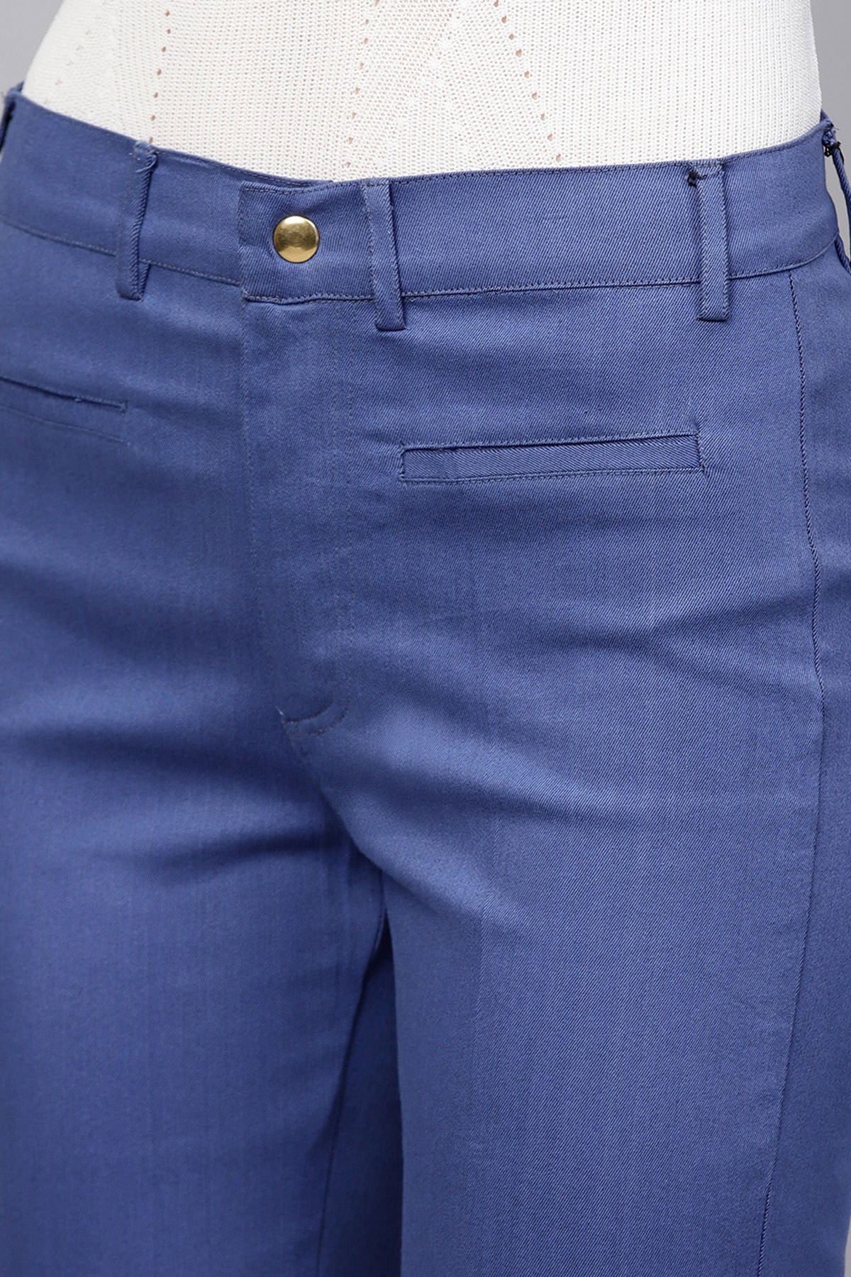Women's Blue Cotton Twill Bell Bottom Pant