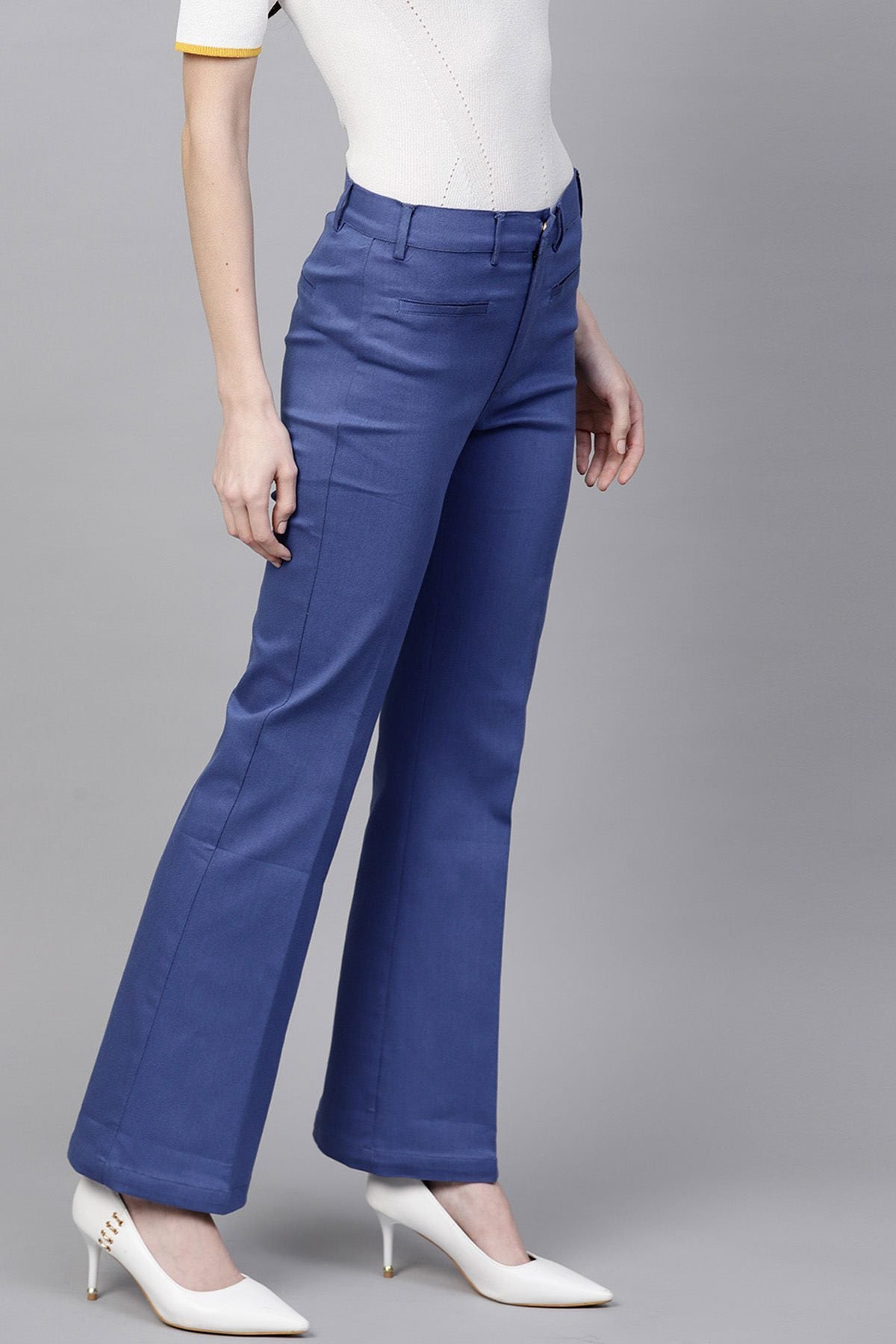 Women's Blue Cotton Twill Bell Bottom Pant