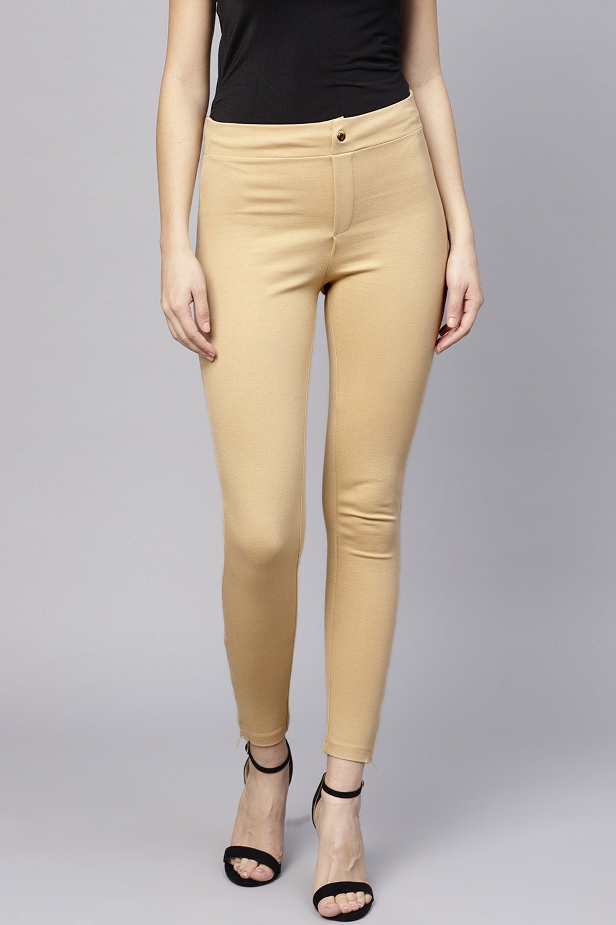 Women's Beige Zipper Hem Jeggings