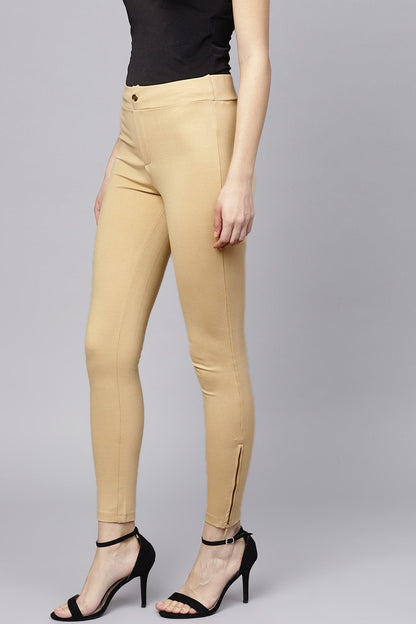 Women's Beige Zipper Hem Jeggings