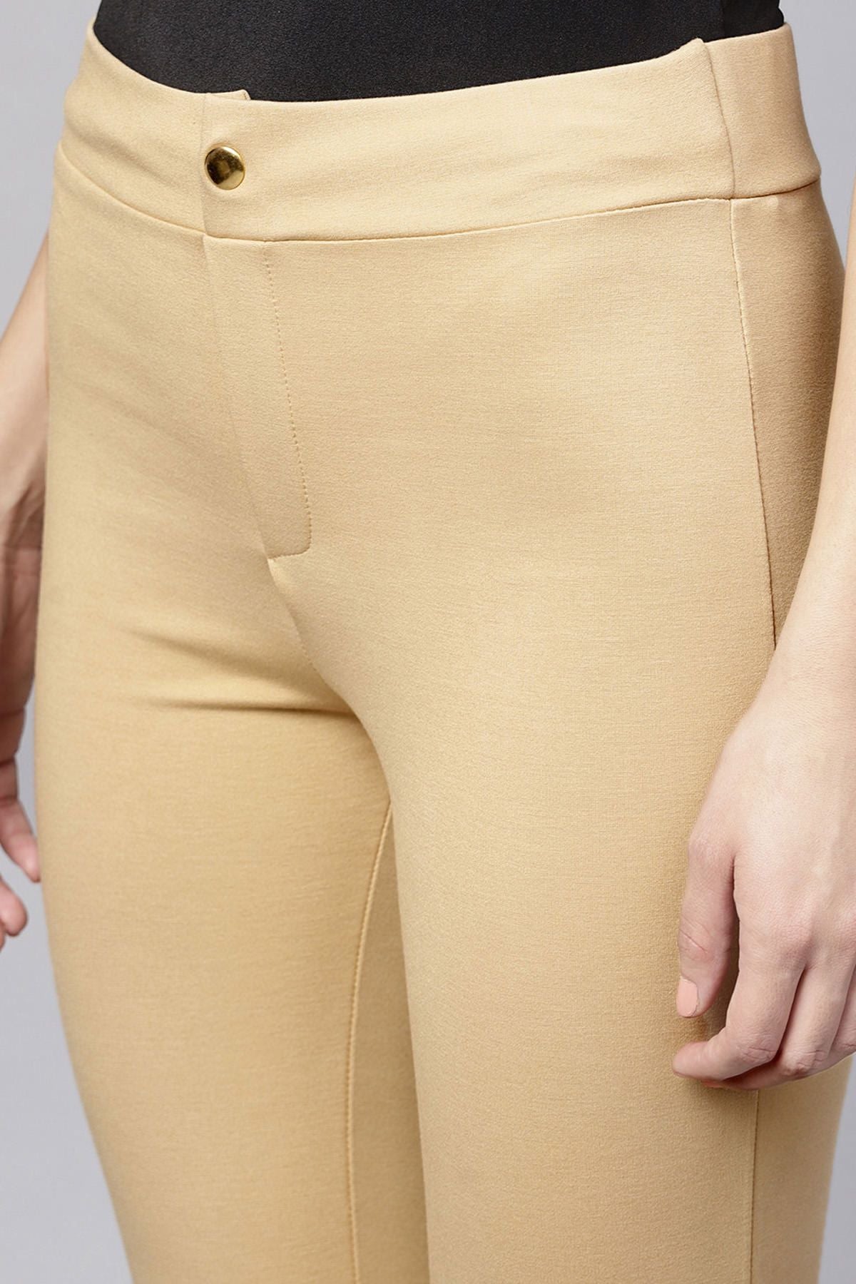 Women's Beige Zipper Hem Jeggings