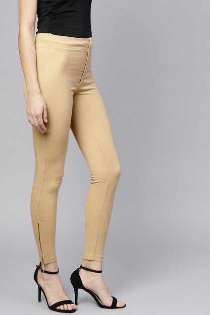 Women's Beige Zipper Hem Jeggings