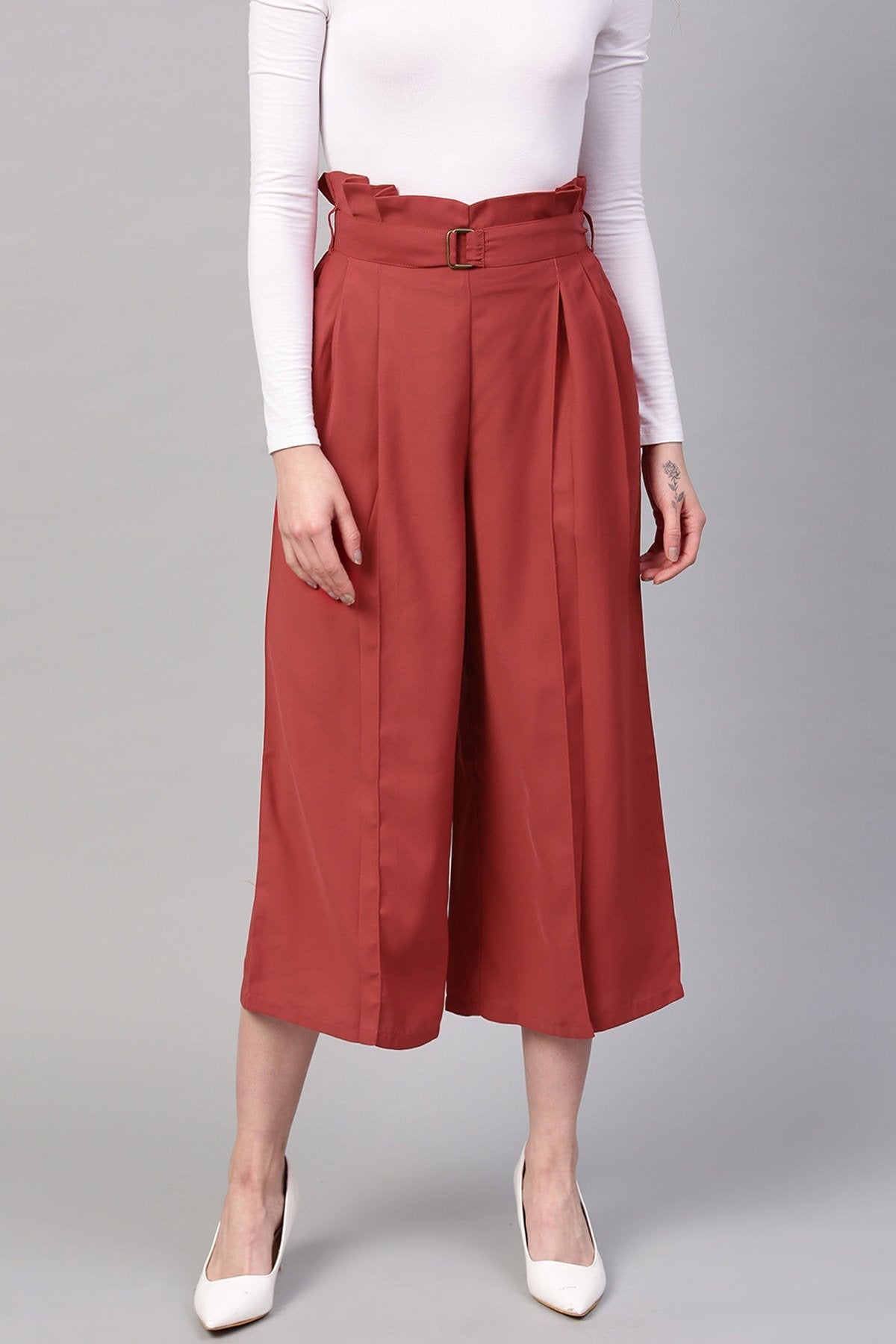 Women's Red Paper Bag Waist Culottes