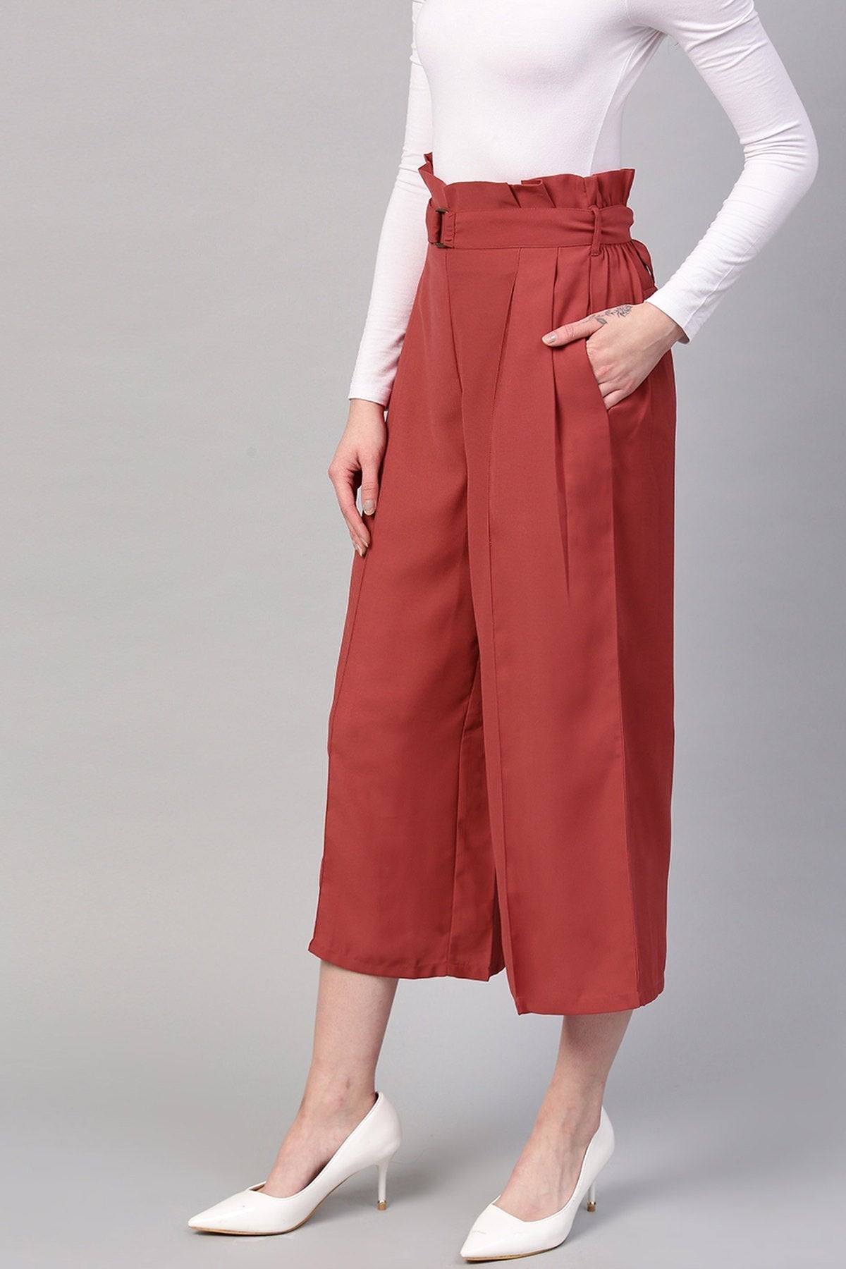 Women's Red Paper Bag Waist Culottes