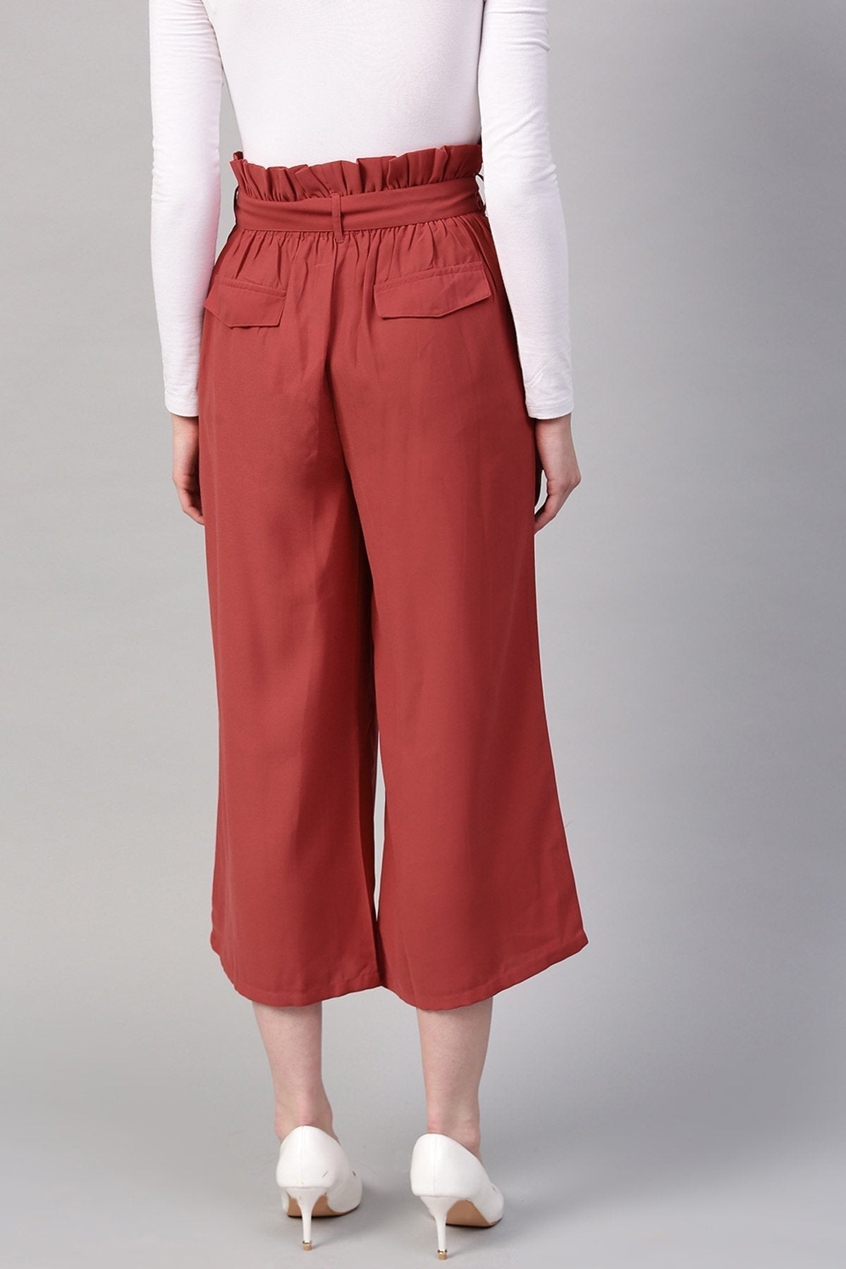 Women's Red Paper Bag Waist Culottes
