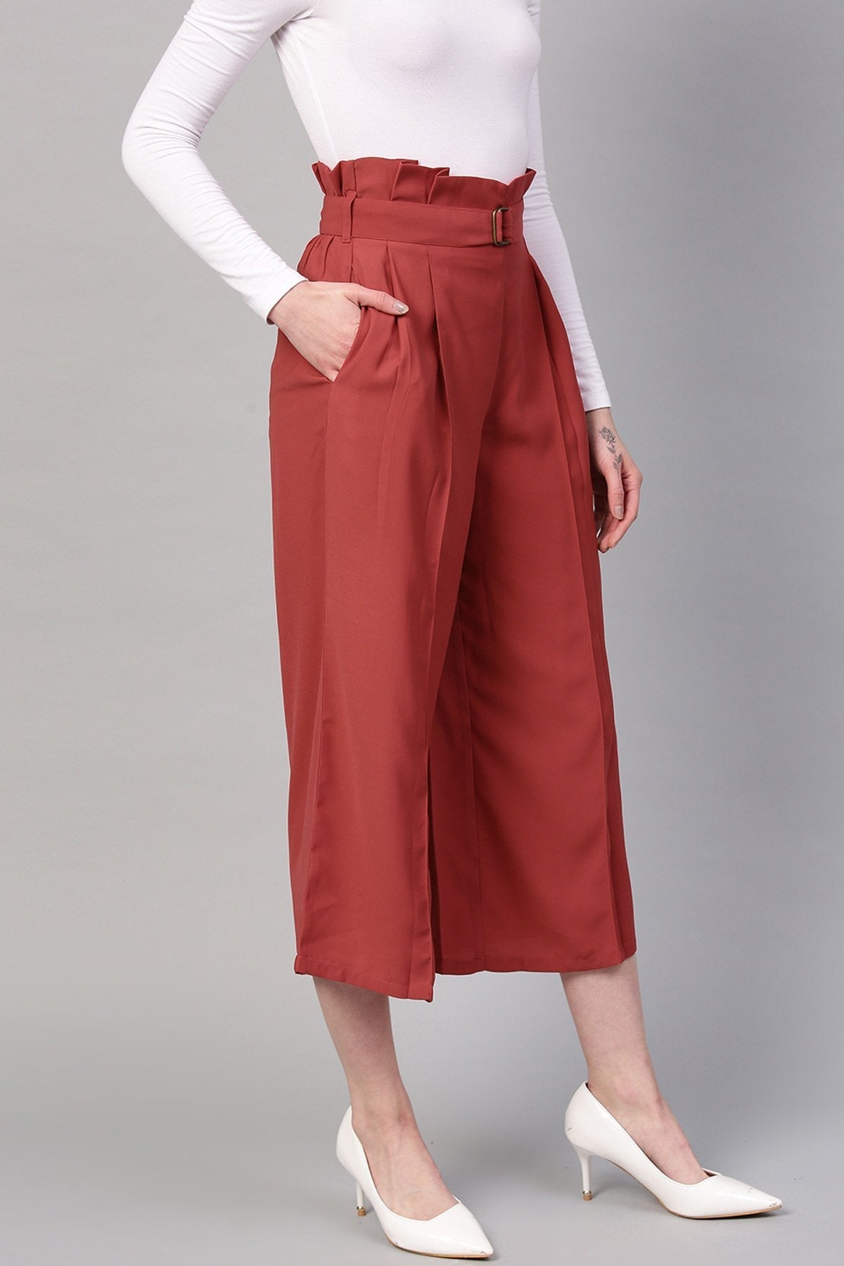 Women's Red Paper Bag Waist Culottes