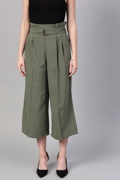 Women's Olive Paper Bag Waist Culottes