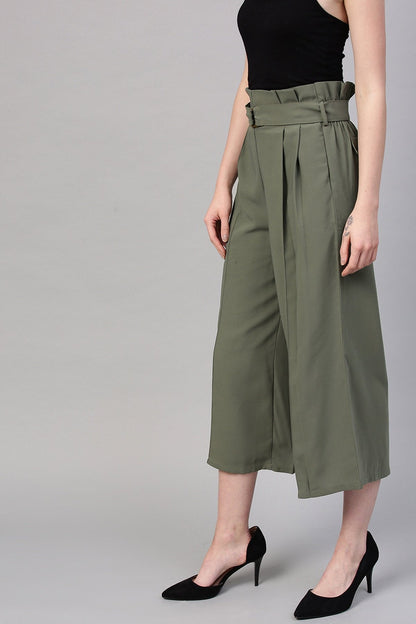 Women's Olive Paper Bag Waist Culottes