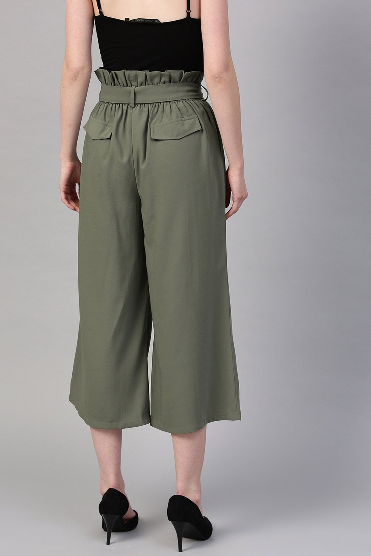 Women's Olive Paper Bag Waist Culottes