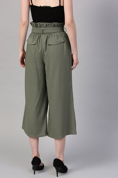 Women's Olive Paper Bag Waist Culottes