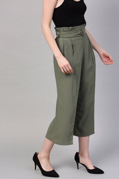 Women's Olive Paper Bag Waist Culottes