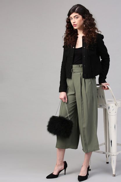 Women's Olive Paper Bag Waist Culottes